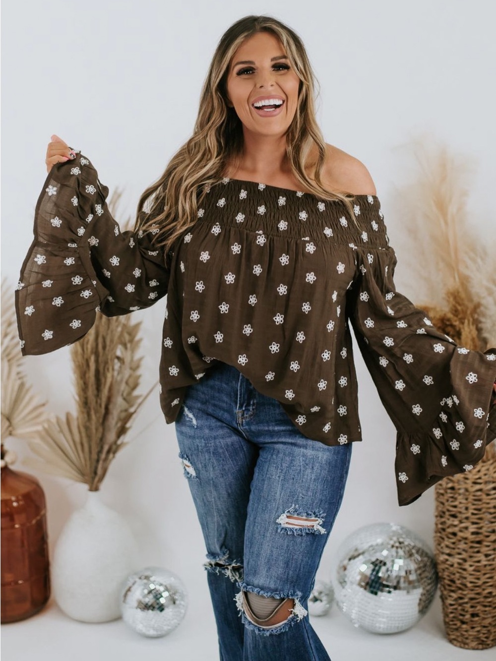 Women’s Off-Shoulder Brown Floral Bell Sleeve Blouse